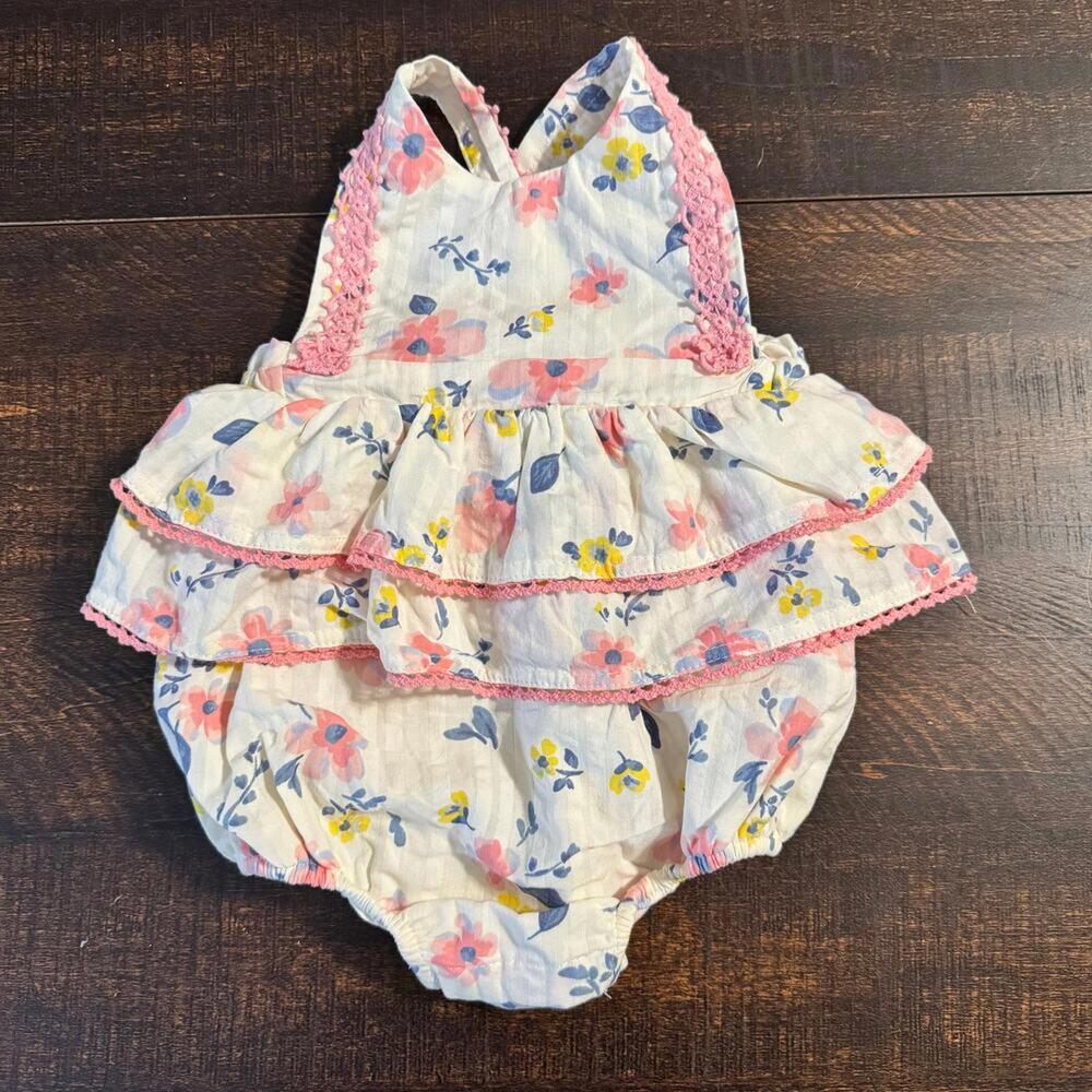 Joie Baby Floral Ruffle Pinafore Romper Ivory Pink 3-6M Summer Spring Boho